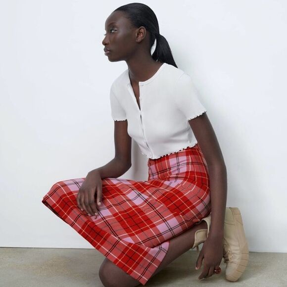 NET Zara Red/Pink Check Pencil Skirt - Picture 5 of 10